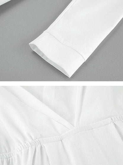 Long Sleeves Loose Pleated Solid Color Split-Joint Tied Waist V-Neck Mini Dresses Shirt Dress