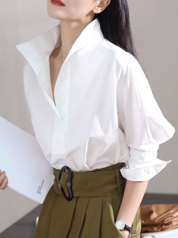 Long Sleeves Loose Solid Color Lapel Collar Blouses&Shirts Tops WHITE