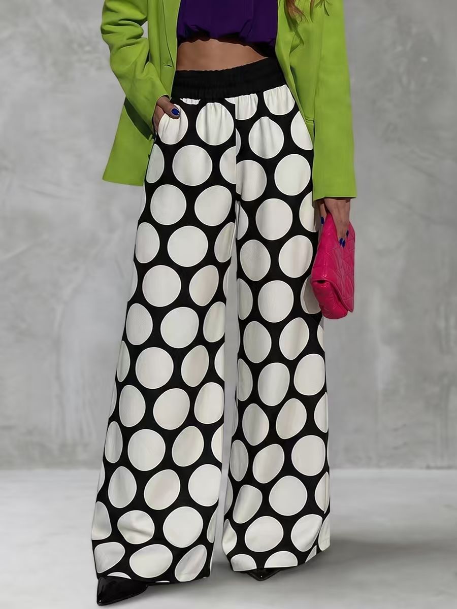 High Waisted Wide Leg Contrast Color Elasticity Pockets Polka Dot Pants Trousers