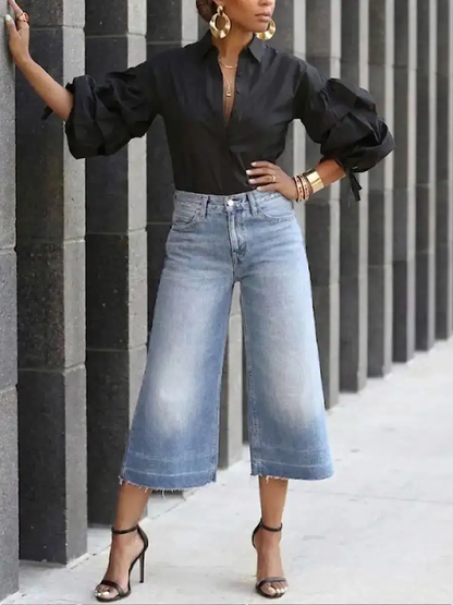 Loose Puff Sleeves Buttoned Solid Color Tied Lapel Blouses&Shirts Tops