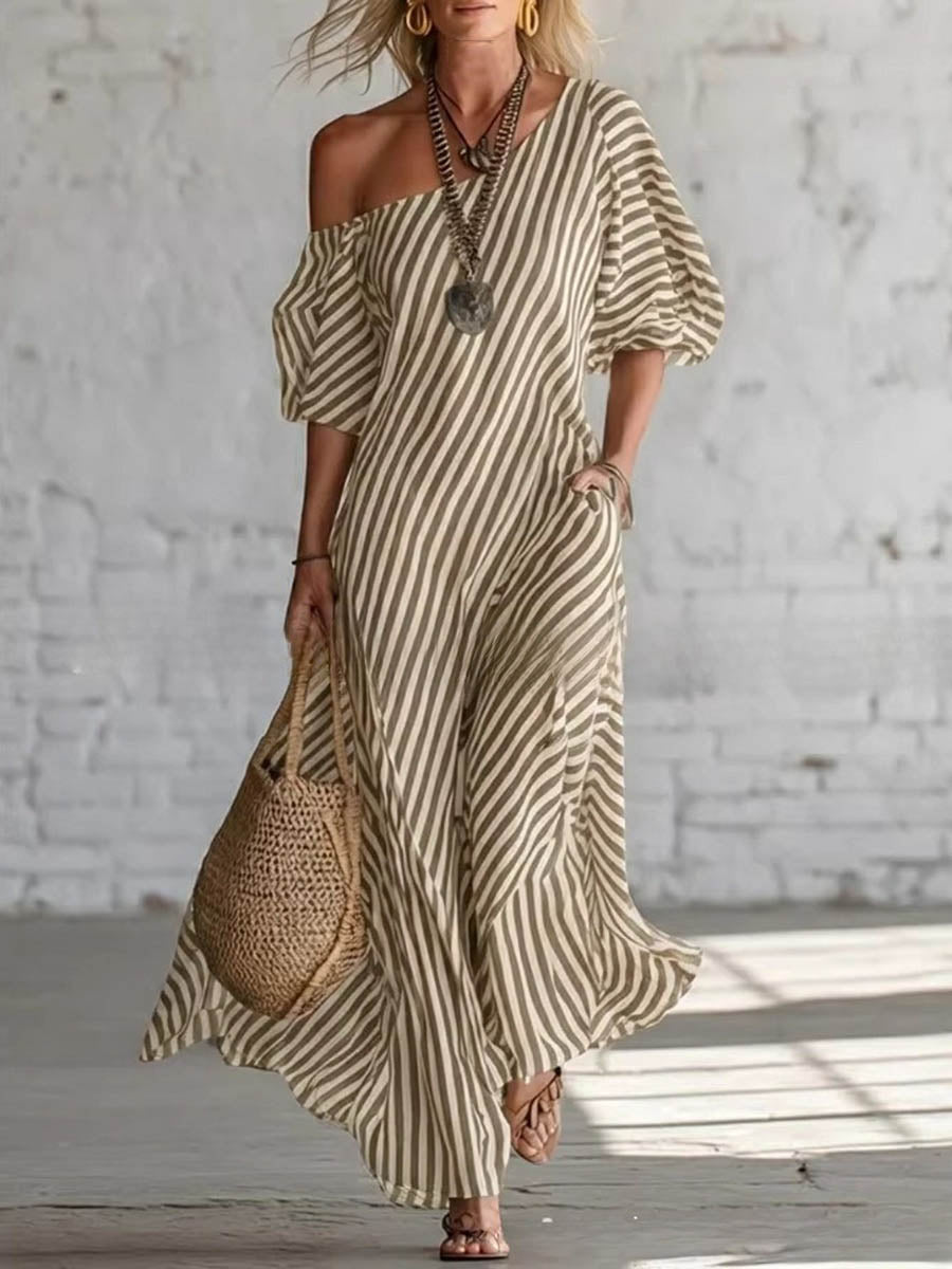 Loose Plus Size Pockets Striped One-Shoulder Maxi Dresses