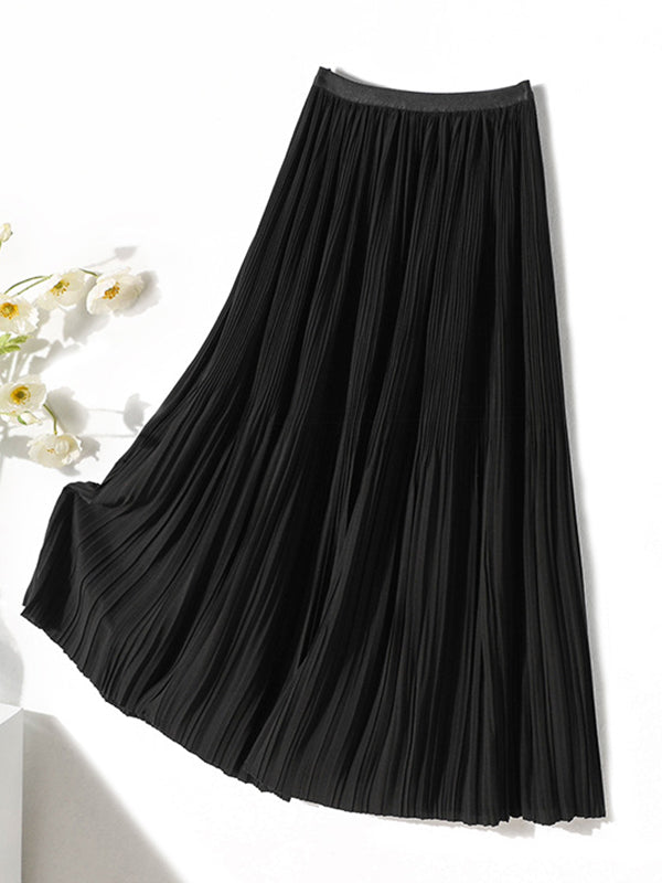 A-Line Loose Elasticity Pleated Solid Color Split-Joint Skirts