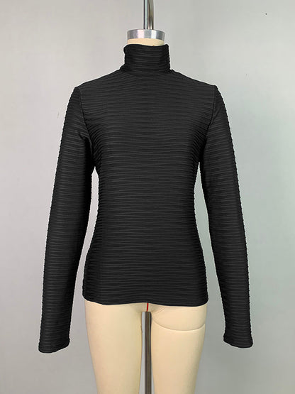 Long Sleeves Skinny Pleated Solid Color Split-Joint High Neck T-Shirts