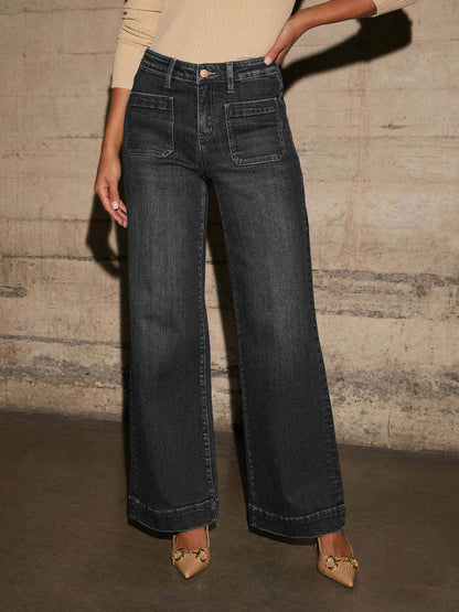 Solid Color Pockets High Waisted Column Trousers Jean Pants Bottoms