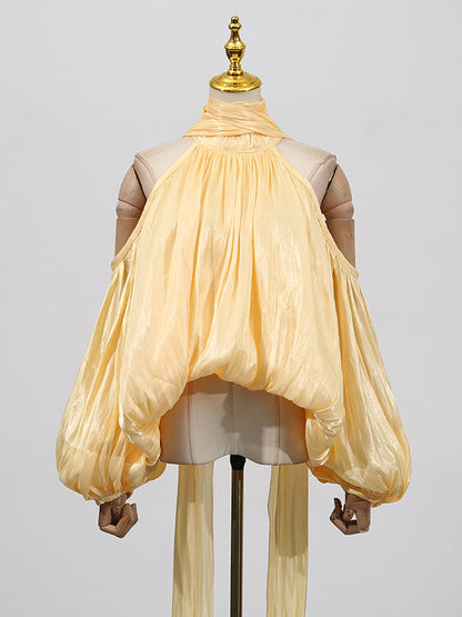 Long Sleeves Loose Pleated Solid Color Tied Halter-Neck Blouses&Shirts Tops