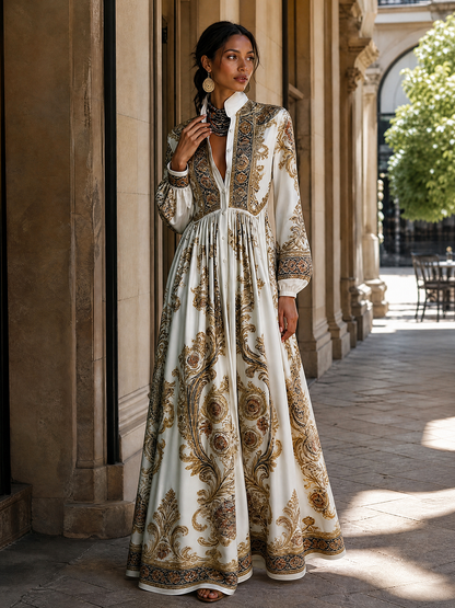 Split-Joint Printed Pockets Pleated Contrast Color Buttoned Plus Size Loose Stand Collar Maxi Dresses