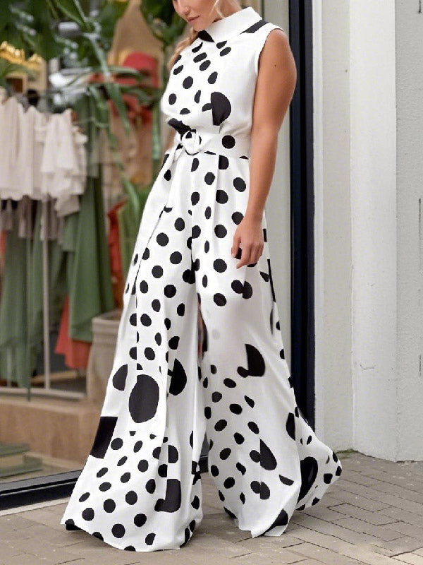 High Waisted Sleeveless Polka-Dot Mock Neck Jumpsuits