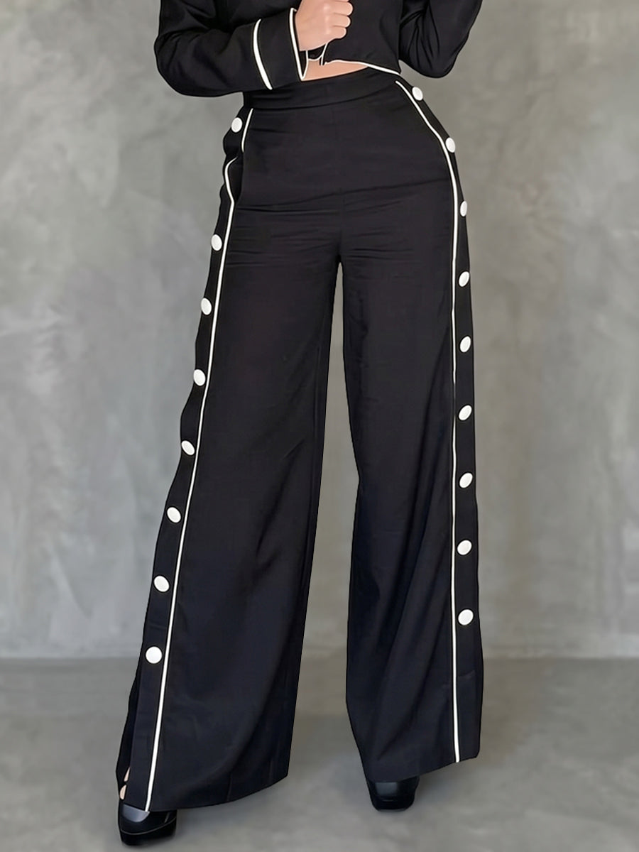 High Waisted Wide Leg Buttoned Contrast Color Line Pockets Pants Trousers