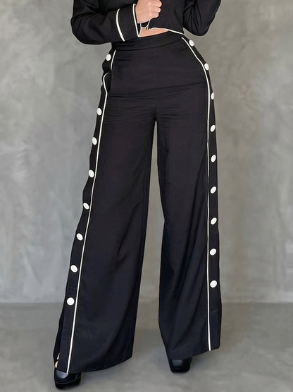 High Waisted Wide Leg Buttoned Contrast Color Line Pockets Pants Trousers