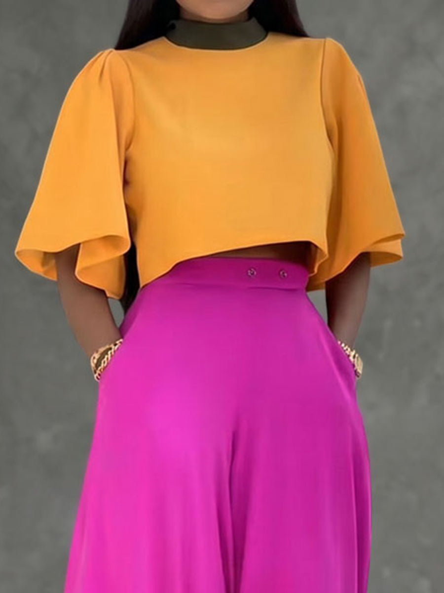 Cropped Flared Sleeves Contrast Color Pleated Stand Collar Blouses&Shirts Tops