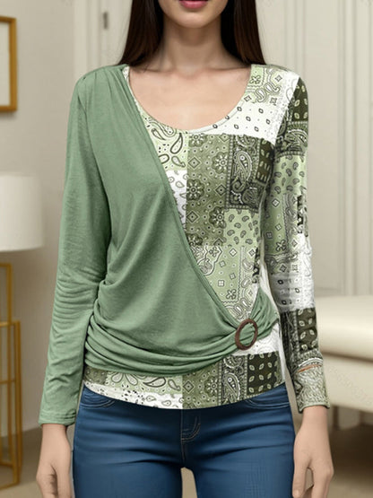 Irregularity Long Sleeves Asymmetric Buckle Contrast Color Pleated Split-Joint Round-Neck T-Shirts Tops