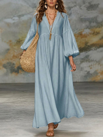 Solid Color Pleated Plus Size Loose V-neck Maxi Dresses