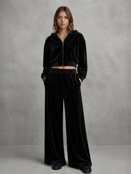Velvet Solid Color Pockets Elasticity Wide Leg Loose Trousers Pants