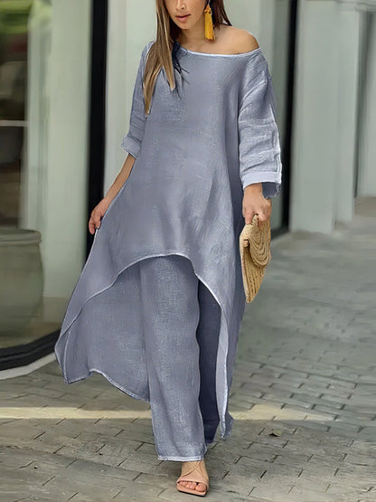 Asymmetric Solid Color High Waist High-Low Round-Neck Tops + Wide Leg Pants Bottoms Two Pieces Set