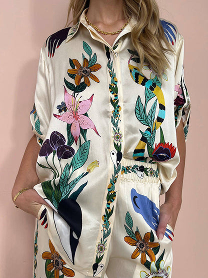 Half Sleeves Loose Buttoned Flower Print Pockets Lapel T-Shirt Top + Drawstring Elasticity Pants Bottom Two Pieces Set