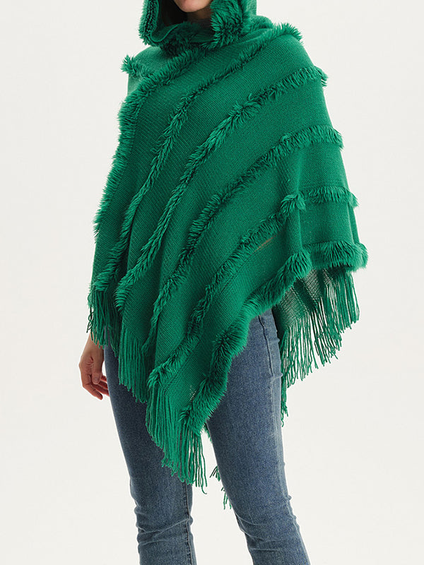 Hooded Keep Warm Solid Color Tasseled Cape Shawl&Cloak