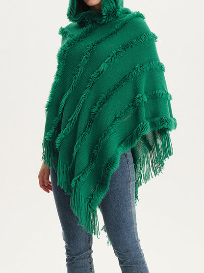 Hooded Keep Warm Solid Color Tasseled Cape Shawl&Cloak