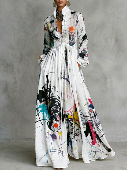 Long Sleeves Loose Buttoned Pleated Pockets Printed Split-Joint Stand Collar Maxi Dresses Shirt Dress