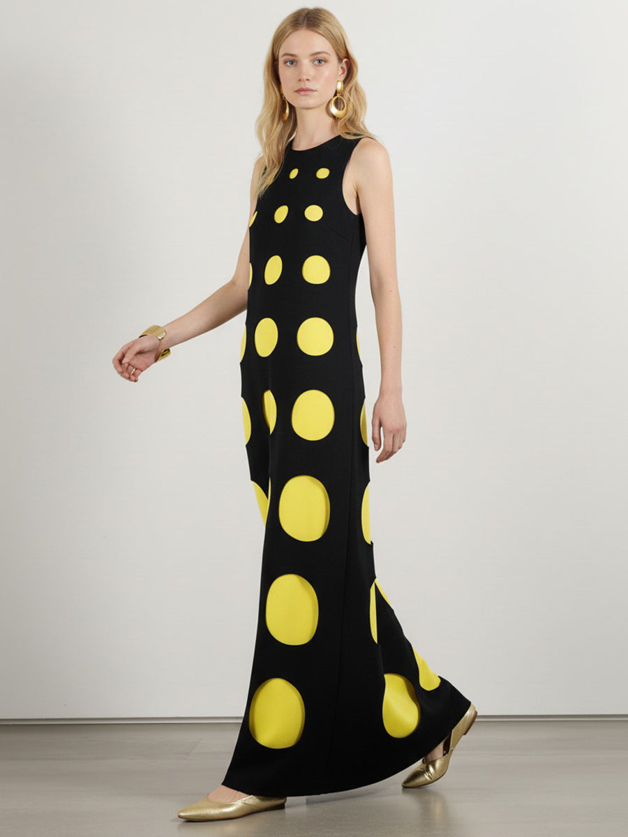 Loose Sleeveless Contrast Color Polka-Dot Split-Joint Round-Neck Maxi Dresses