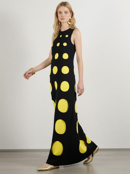 Loose Sleeveless Contrast Color Polka-Dot Split-Joint Round-Neck Maxi Dresses