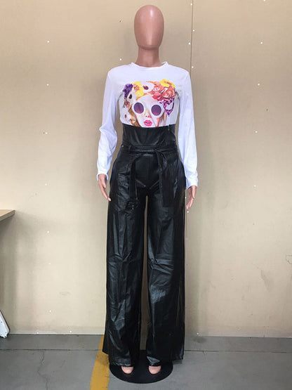 High Waisted Wide Leg Belted Solid Color Zipper Pants Trousers