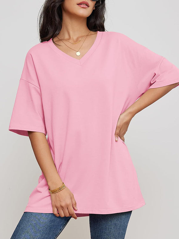 T-shirts à manches courtes et col en V, couleur unie 