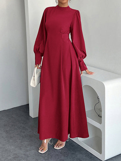 A-Line High Waisted Pleated Solid Color Tied Waist Mock Neck Maxi Dresses