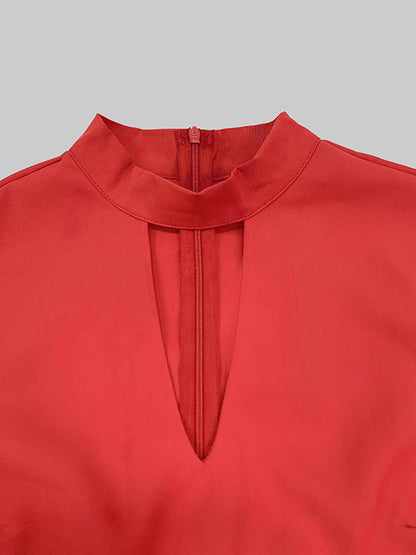 Long Sleeves Loose Buttoned Hollow Solid Color Split-Joint Round-Neck Maxi Dresses