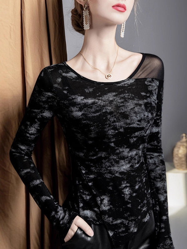Irregularity Long Sleeves Asymmetric Graffiti Printed Mesh Split-Joint Round-Neck T-Shirts Tops
