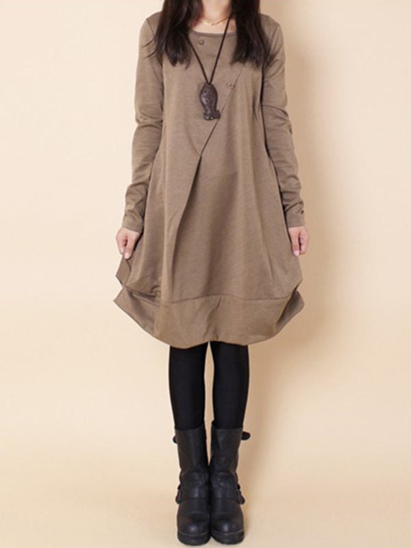 A-line Long Sleeves Pleated Solid Color Round-neck Dresses Maxi Dresses LIGHT COFFEE