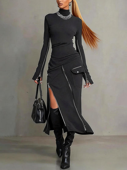 Bodycon Irregularity Asymmetric Pockets Solid Color Split-Joint Split-Side Zipper Half Turtleneck Midi Dresses