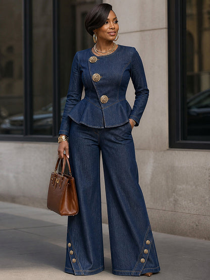 Split-Joint Ruffle Trim Buttoned Skinny Long Sleeves Round-neck Blouses&shirts Tops