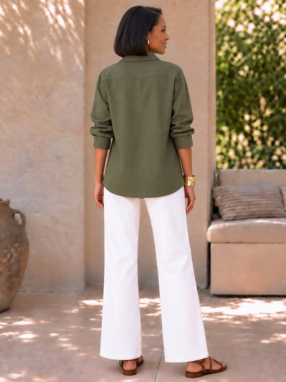 Split-Joint Pockets Contrast Color Asymmetric Three-quarter Sleeves V-neck Blouses&shirts Tops