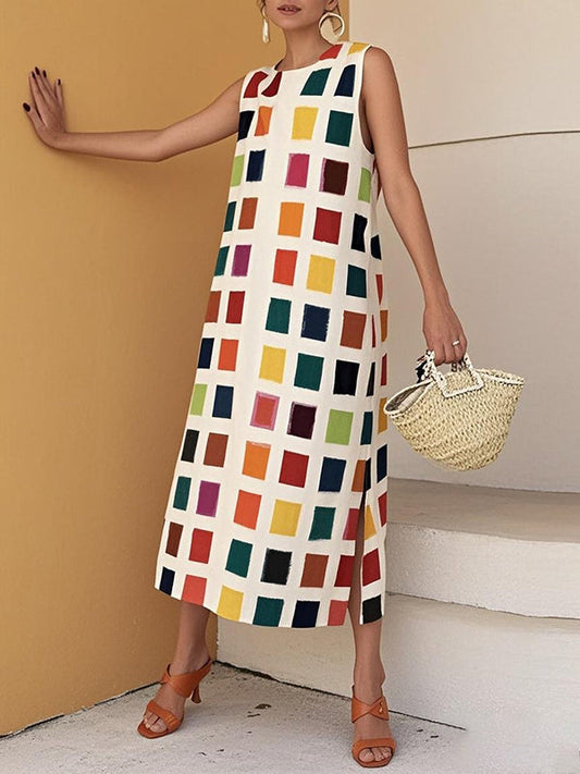 A-Line Loose Contrast Color Pockets Split-Side Round-Neck Midi Dresses