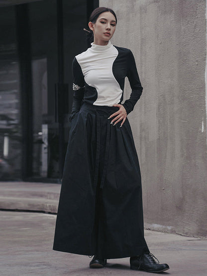 T-shirts urbains skinny à manches longues et col montant asymétriques contrastés 