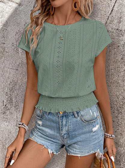 Loose Raglan Sleeve Elasticity Hollow Jacquard Solid Color Round-Neck T-Shirts Tops