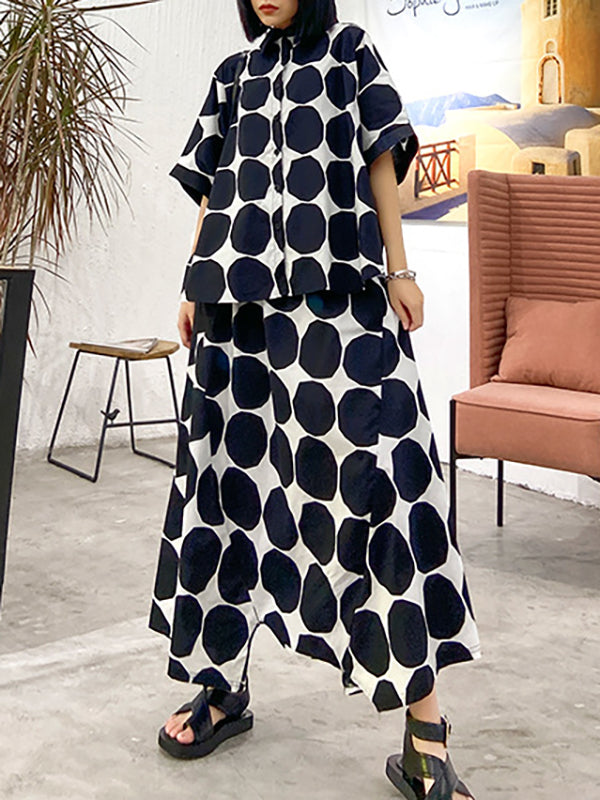 Batwing Sleeves Buttoned Polka-Dot Round-Neck Shirts Top + Elasticity Pockets Harem Pants Pants Bottom Two Pieces Set