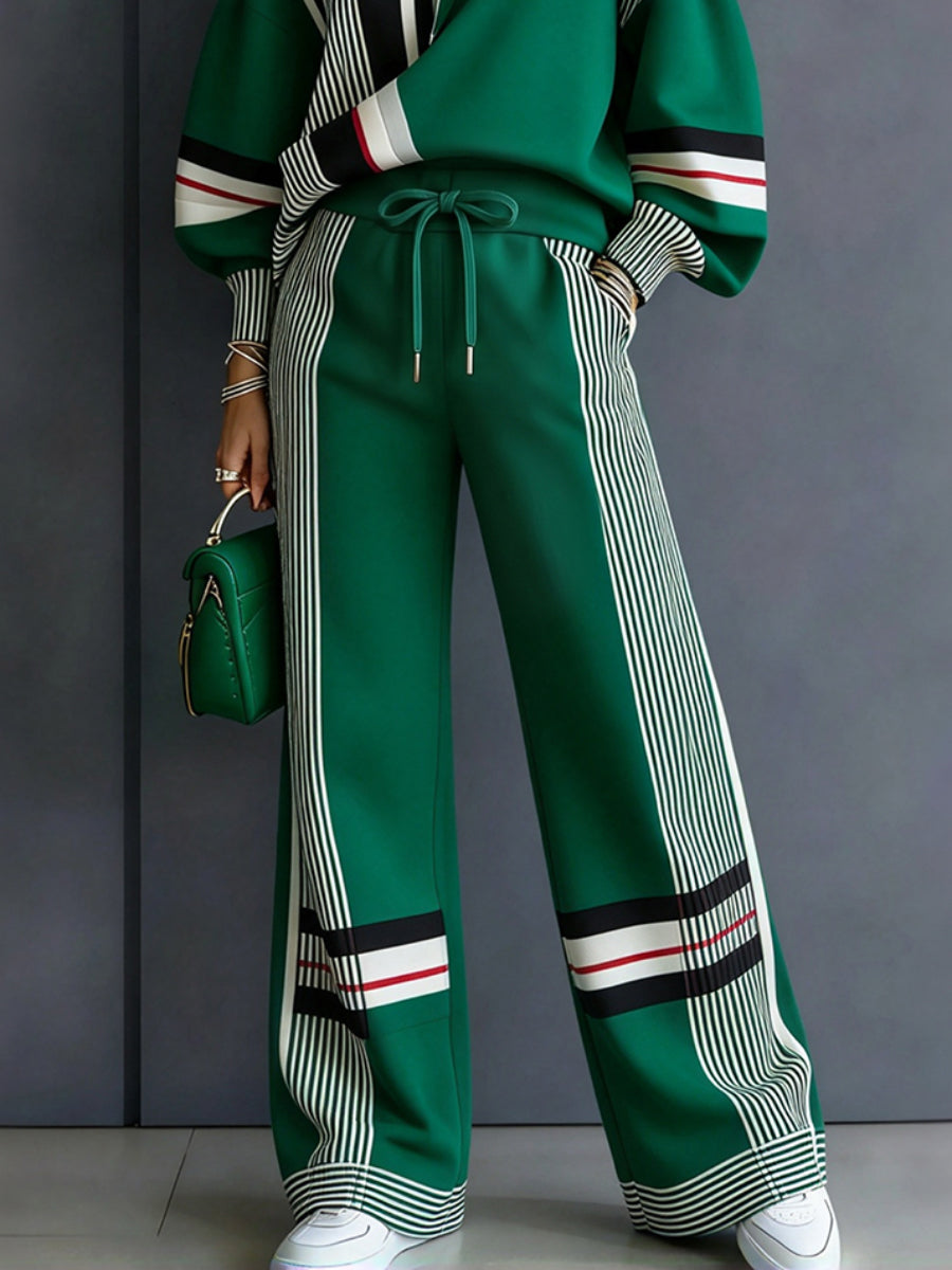 Striped Pockets Drawstring Contrast Color High Waisted Trousers Pants