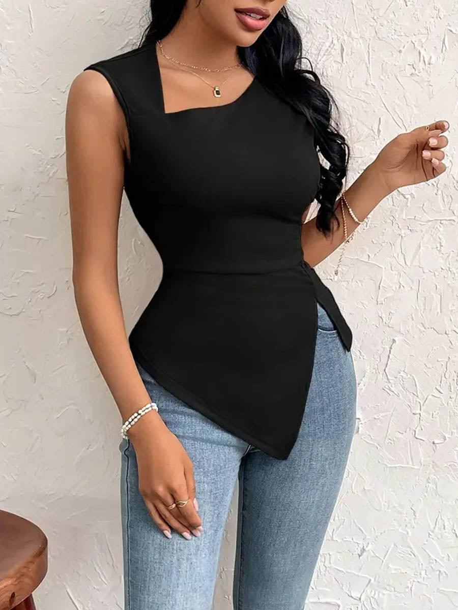 Elasticated Waist High Waisted Pleated Solid Color Split-Side Asymmetric Neckline Blouses&Shirts Tops