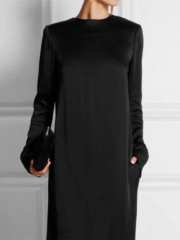 Long Sleeves Loose Solid Color Round-Neck Maxi Dresses