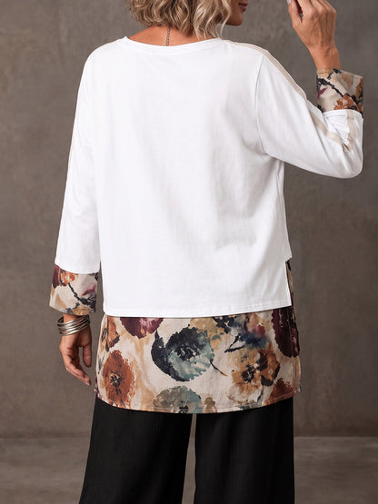 Split-side Split-Joint Printed Pockets Loose Long Sleeves Round-neck T-Shirts Tops