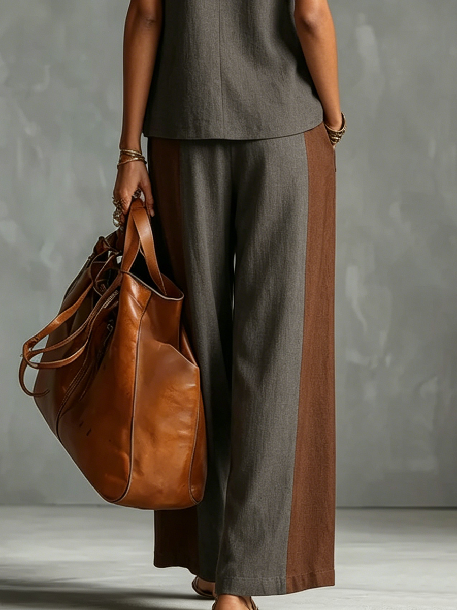High Waisted Wide Leg Contrast Color Elasticity Pockets Pants Trousers