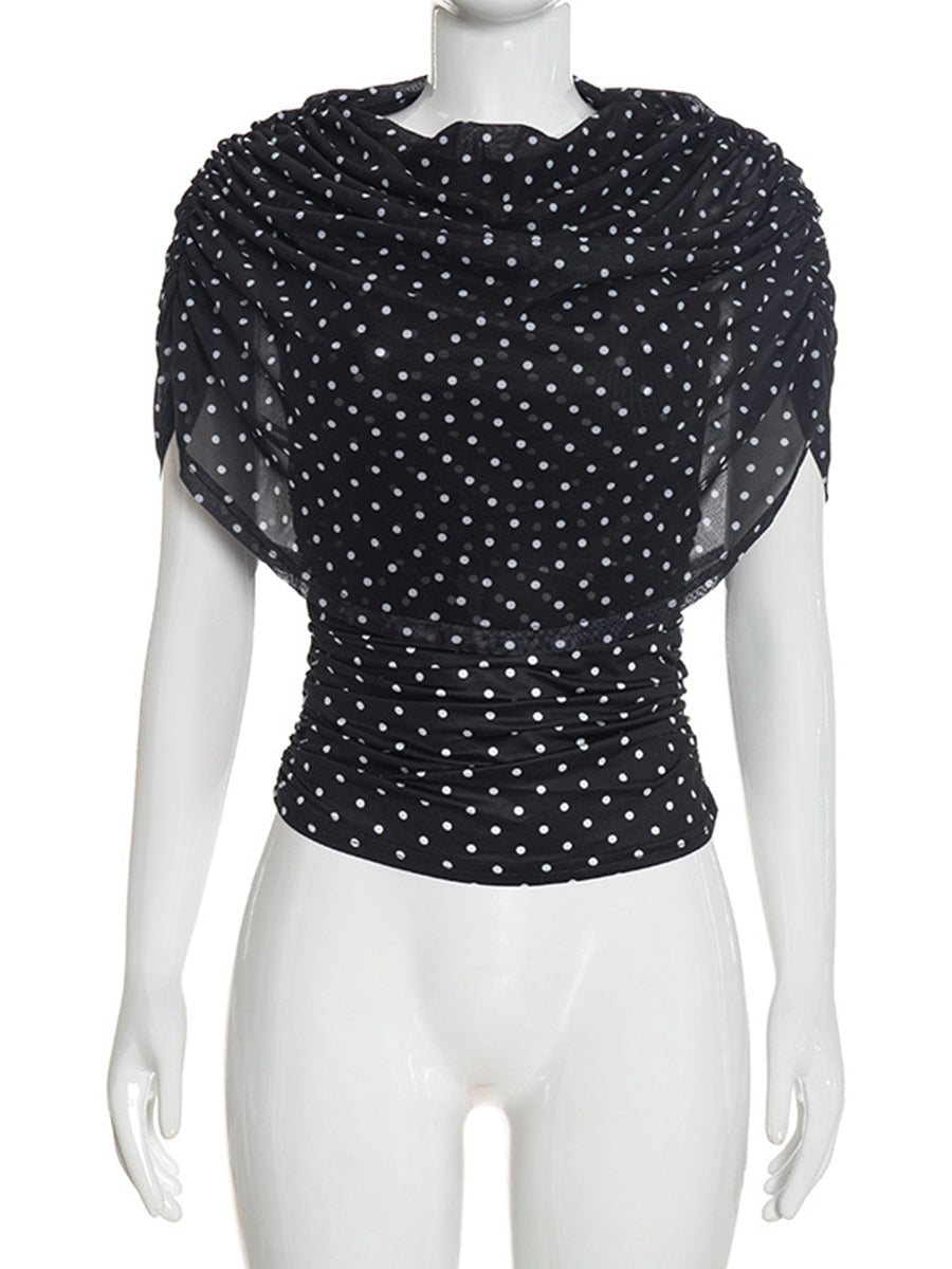 See-Through Ruched Polka-Dot Contrast Color Sleeveless Skinny Heaps Collar Blouses&shirts Tops