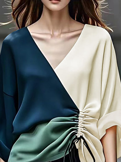 Long Sleeves Loose Color-Block Contrast Color Drawstring Elasticity V-Neck Blouses&Shirts Tops