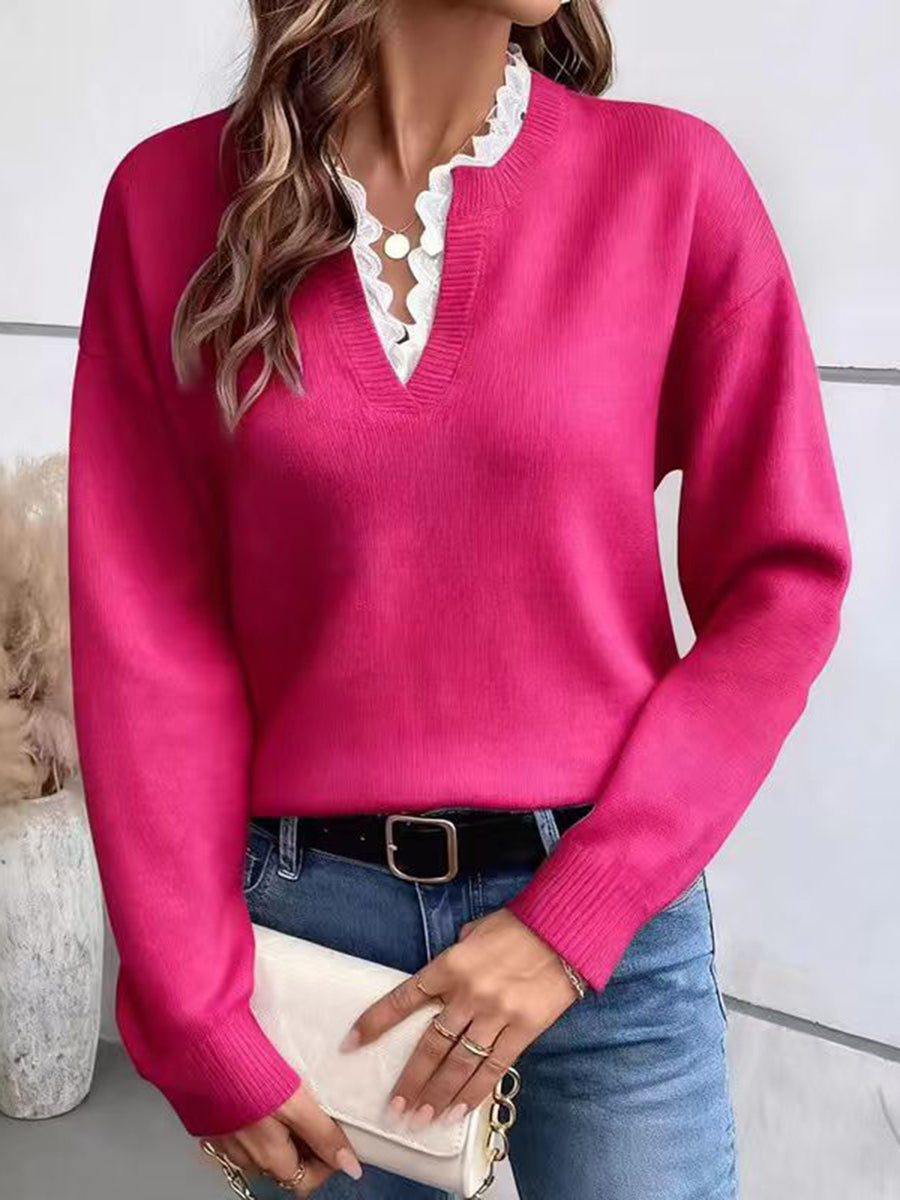Split-Joint Ribbed Contrast Color Loose Long Sleeves V-neck Sweater