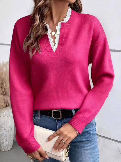 Split-Joint Ribbed Contrast Color Loose Long Sleeves V-neck Sweater