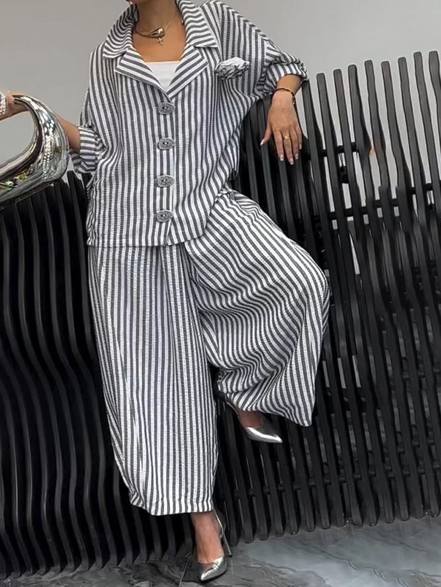 Long Sleeves Loose Buttoned Contrast Color Striped Notched Collar Two Pieces Set