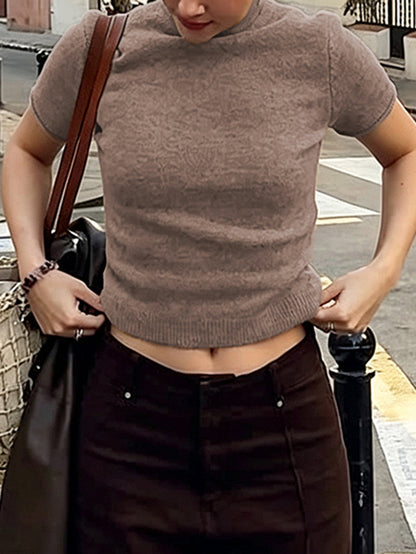 Solid Color Short Sleeves Mock Neck Sweater Tops
