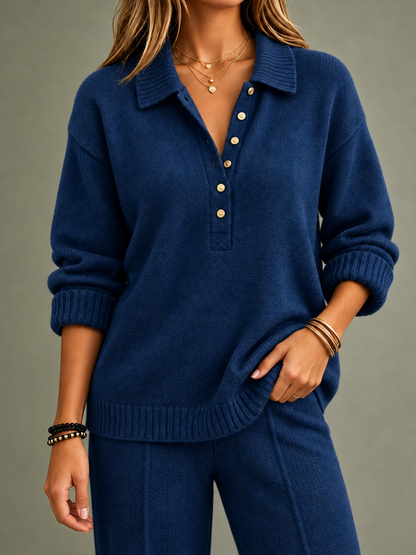 Solid Color Ribbed Buttoned Plus Size Loose Lapel Sweater Pullovers