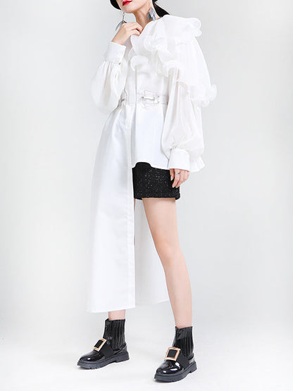 Long Sleeves Loose Asymmetric Pleated Solid Color Split-Joint Falbala Lapel Blouses&Shirts Tops